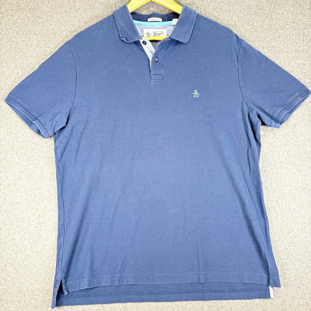 Original Penguin Mens Large Blue Classic Fit Polo Shirt Short Sleeve Logo